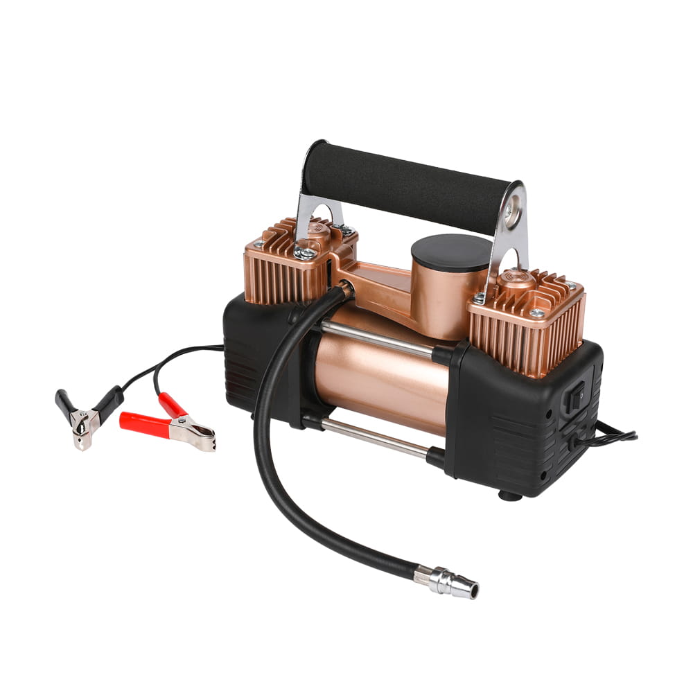 Bärbar dubbelcylindrig däckpump med batteriklämma